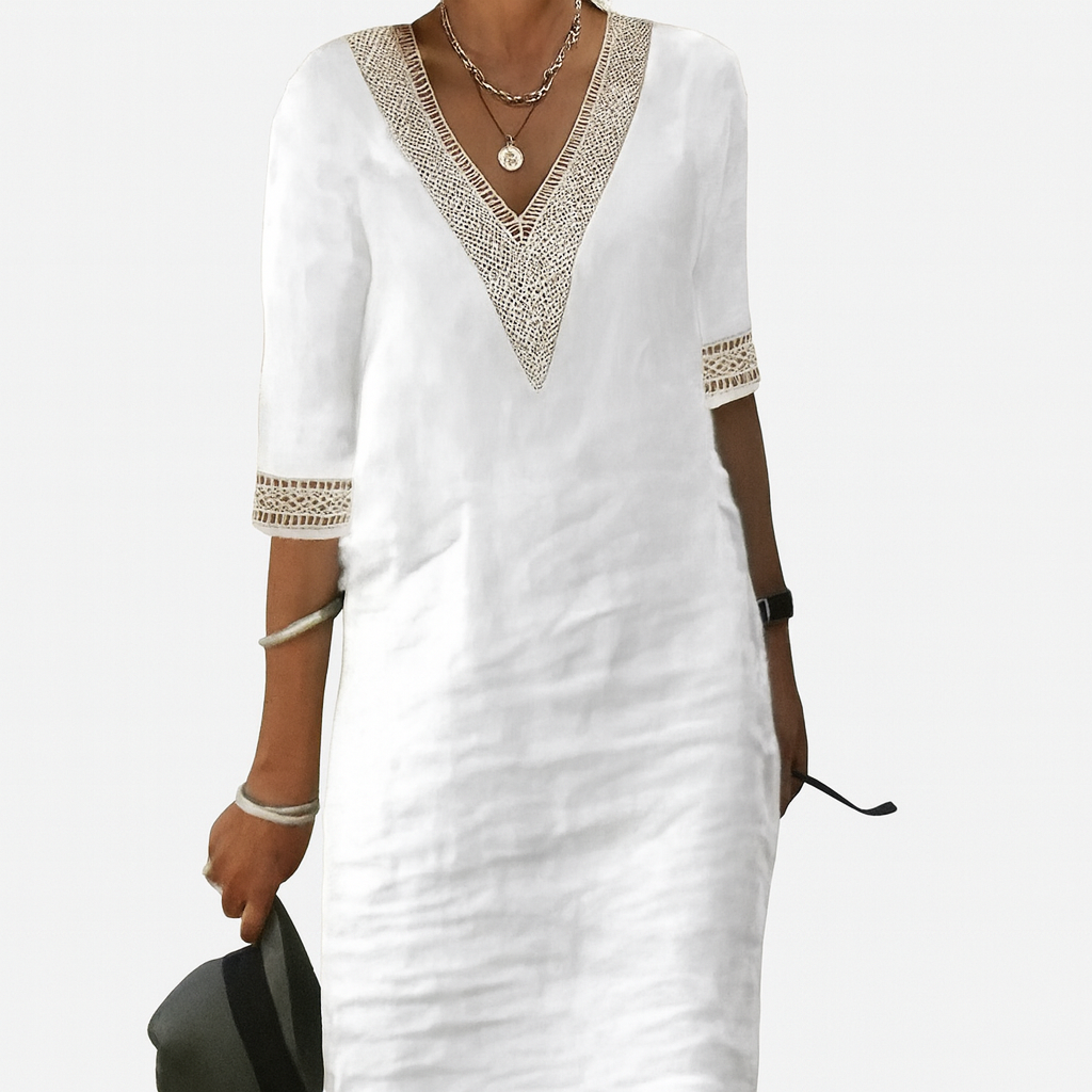Chic linen-blend dress with V-neck and lace trim