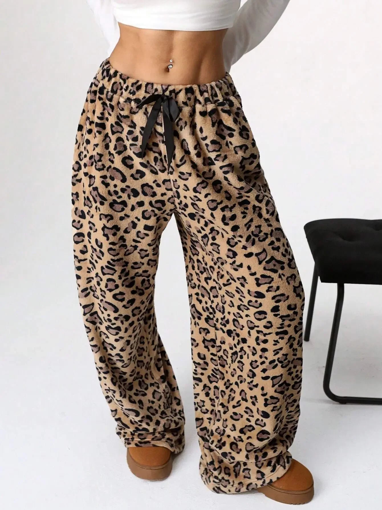 Women’s Leopard Print Wide Leg Trousers – Relaxed Fit Elastic Waist Pants