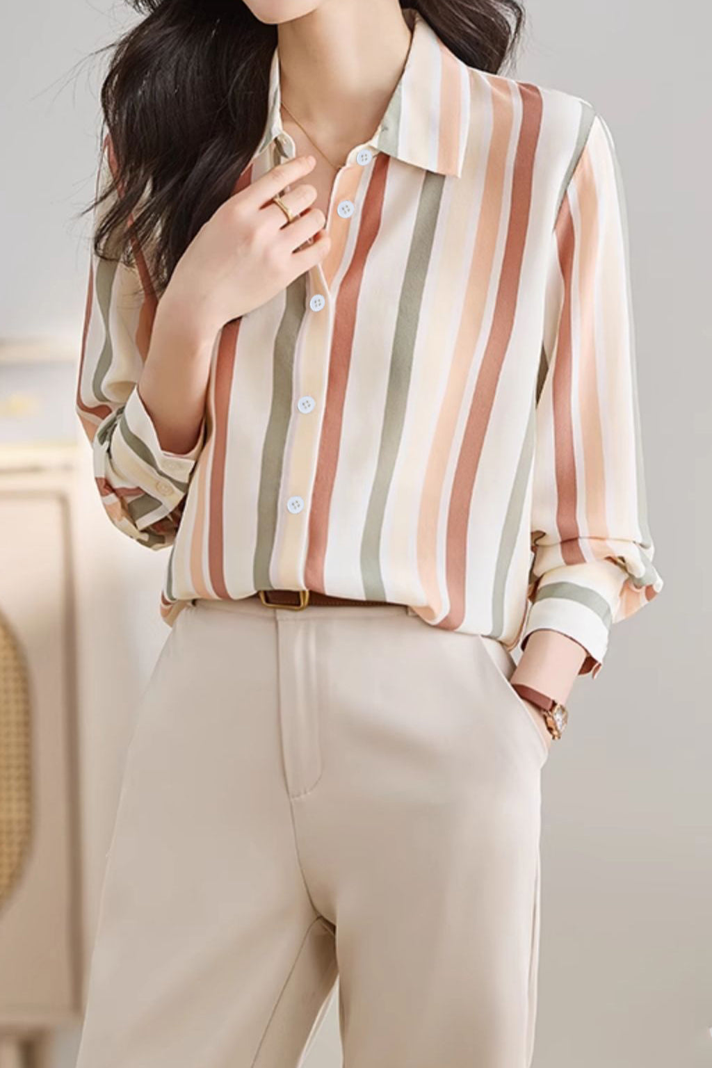 Women’s Striped Shirt – Lightweight Button Up Collared Blouse