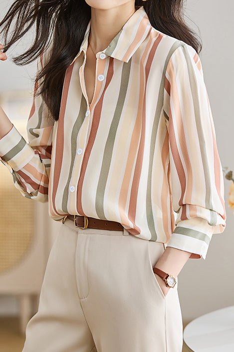 Women’s Striped Shirt – Lightweight Button Up Collared Blouse