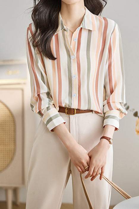 Women’s Striped Shirt – Lightweight Button Up Collared Blouse