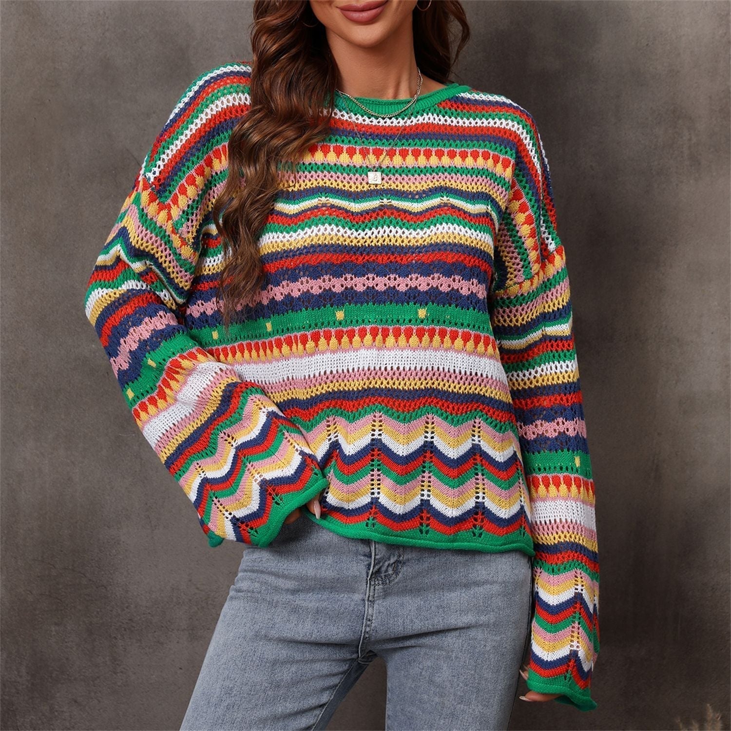 Colorful Crochet Knit Sweater for Women – Vibrant Boho Style