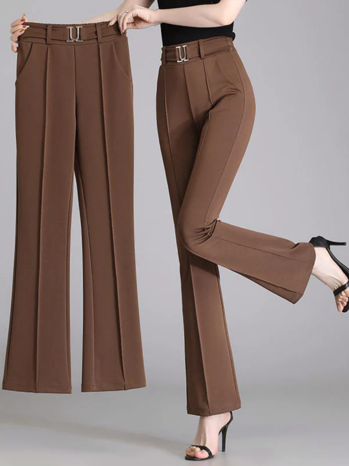 High-Waisted Flared Trousers for Women – Lightweight Stretch Fit with Belt Detail for Smart & Casual Wear