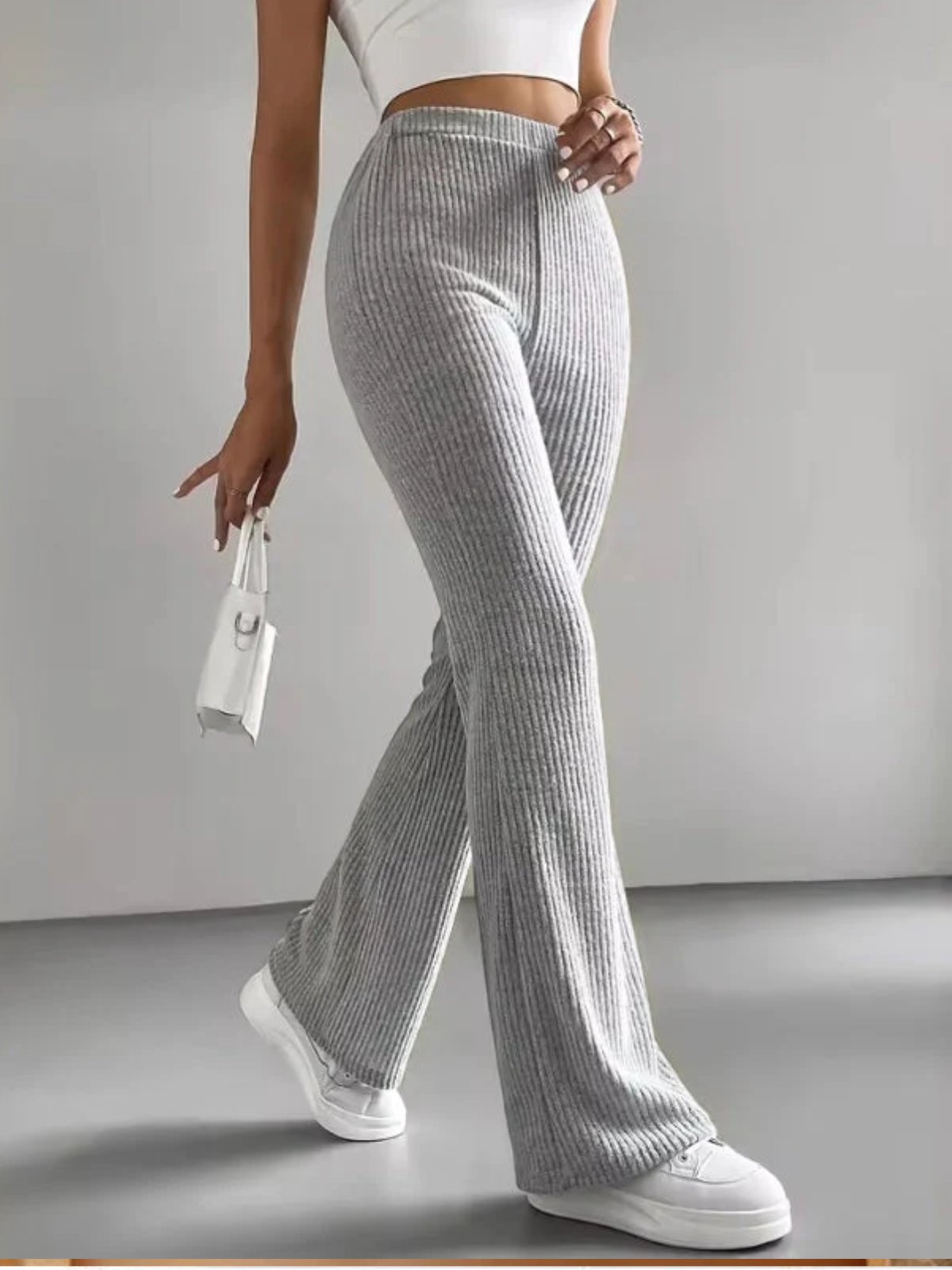 Flare Pants for Women – Slim Fit Ribbed Trousers with Elastic Waist for Everyday and Smart Wear