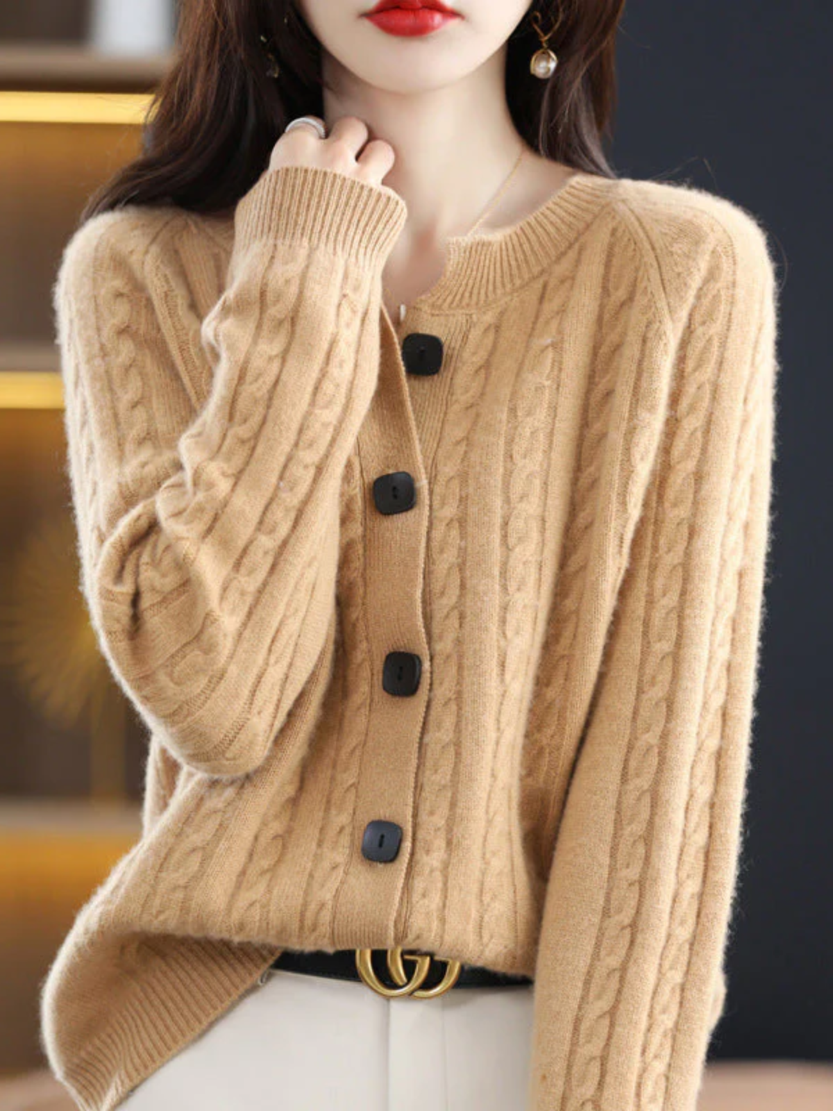 Cable Knit Cardigan for Women – Lightweight Acrylic Blend Button-Front Layer for Smart & Casual Wear