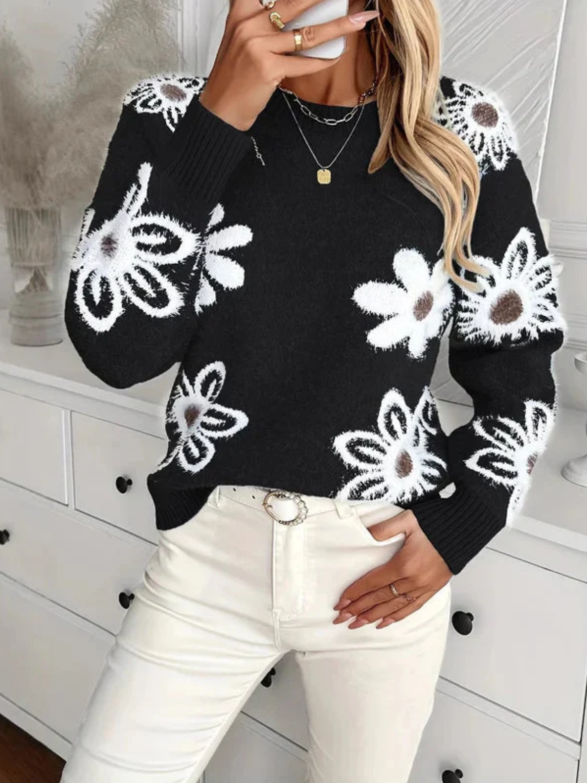 Women’s Floral Knit Pullover – Relaxed Fit Polyester Sweater for Spring