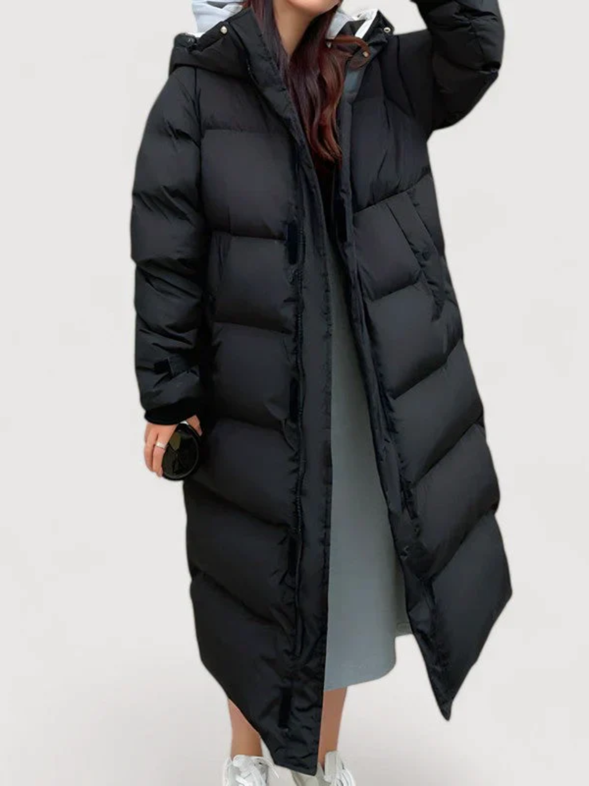 Women’s Extra-Long Puffer Coat – Hooded Quilted Winter Jacket with Full-Length Zip