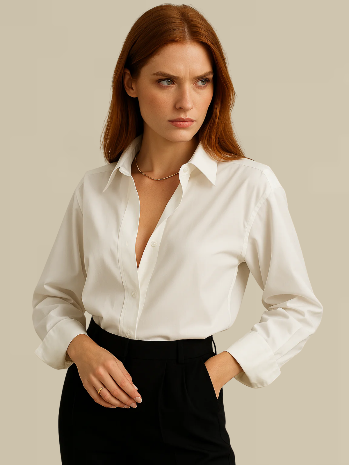 Women’s White Formal Blouse – Tailored Polyester Button-Down Shirt for Work