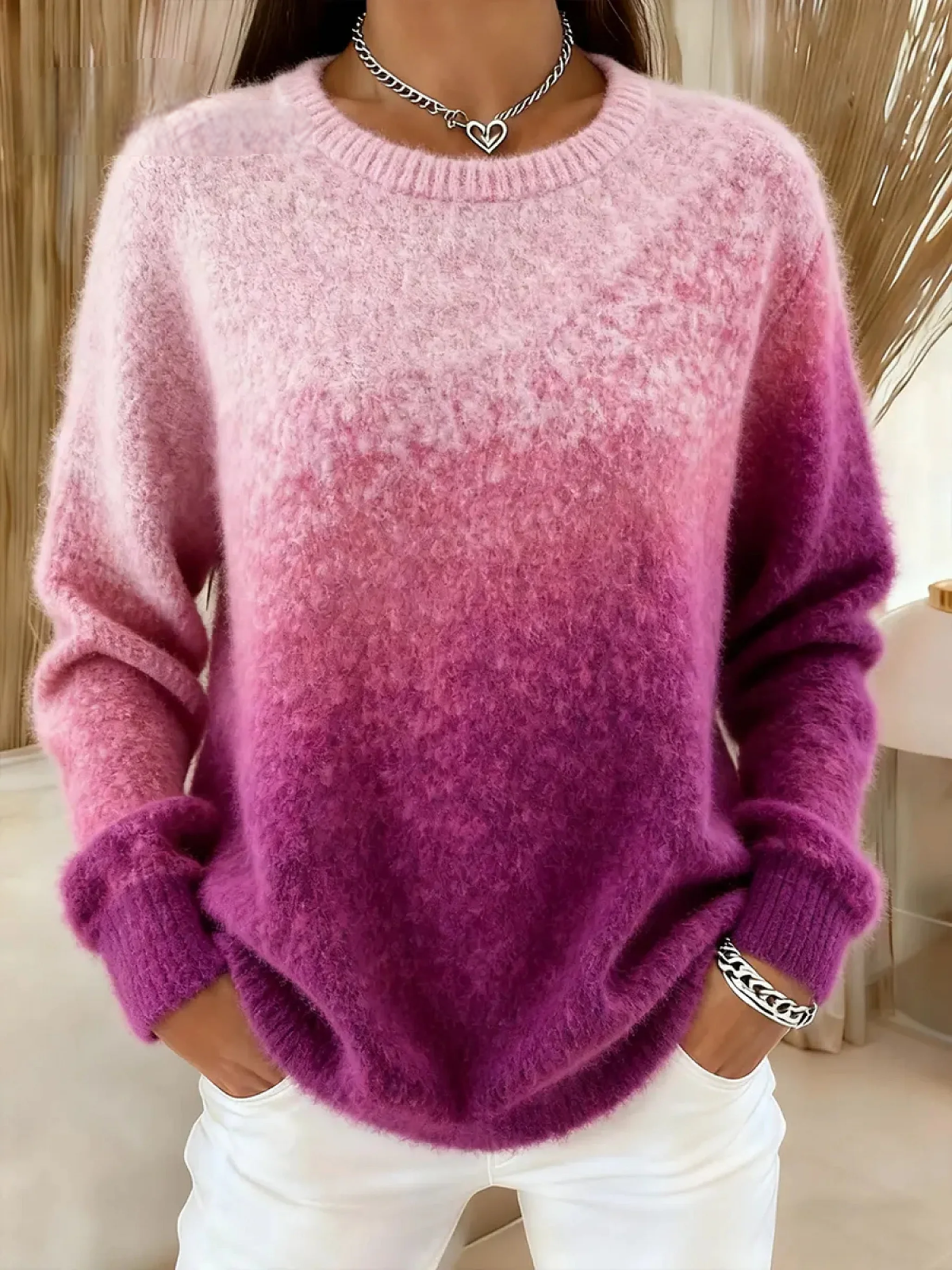 Women’s Gradient Knit Sweater – Crew Neck Polyester Air Layer Jumper