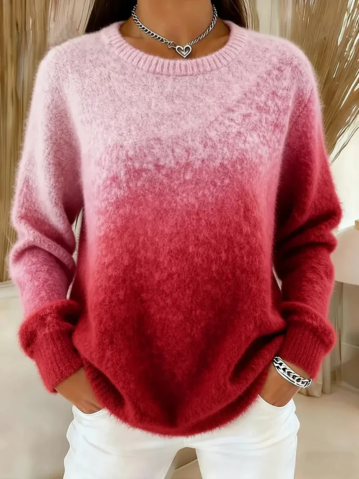 Women’s Gradient Knit Sweater – Crew Neck Polyester Air Layer Jumper