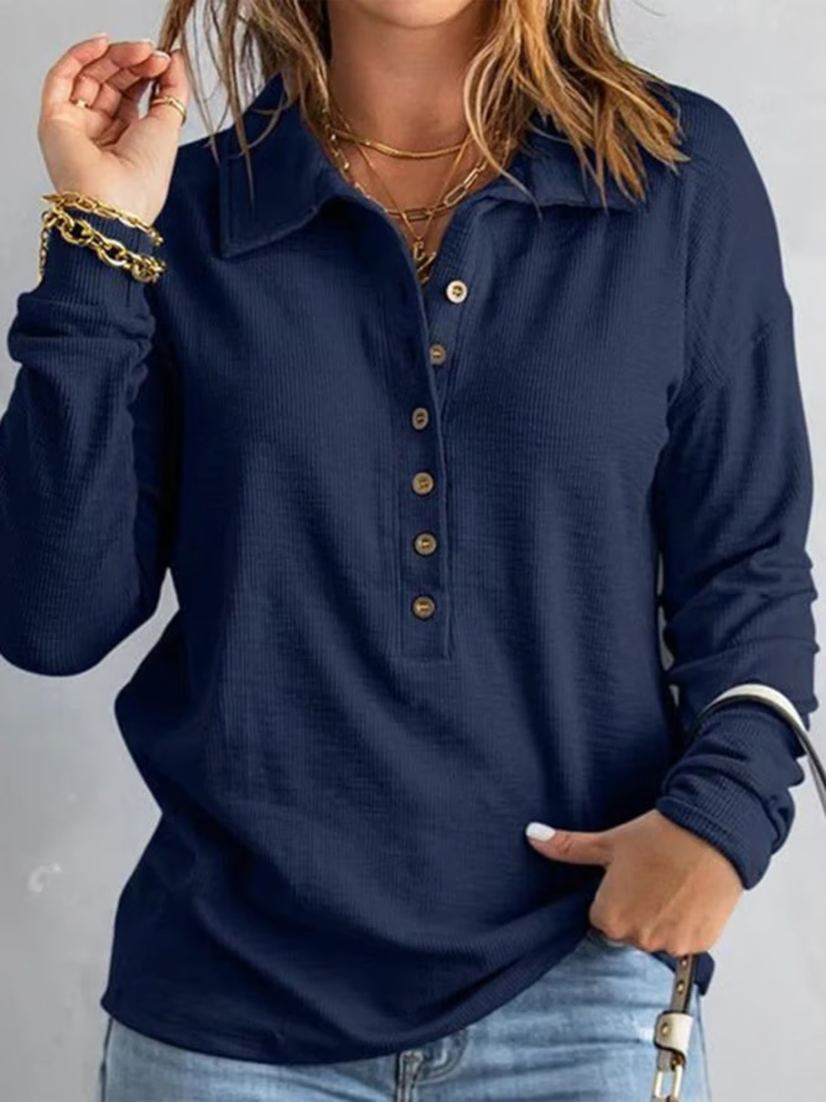 Women’s V-Neck Polyester Shirt – Loose Fit Casual Top with Roll-Up Sleeves