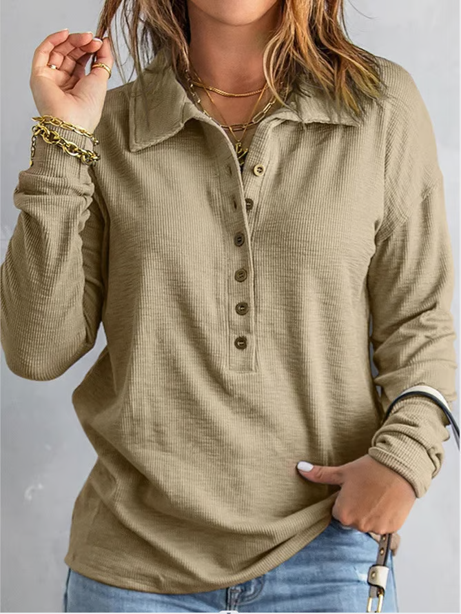 Women’s V-Neck Polyester Shirt – Loose Fit Casual Top with Roll-Up Sleeves