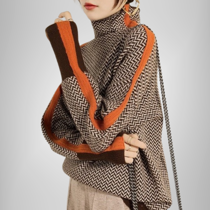 Women’s Turtleneck Jumper – Herringbone Knit Sweater with Contrast Stripes