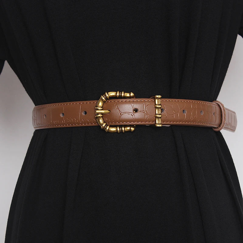 Luxury Croc-Texture Leather Belt with Gold Bamboo Buckle
