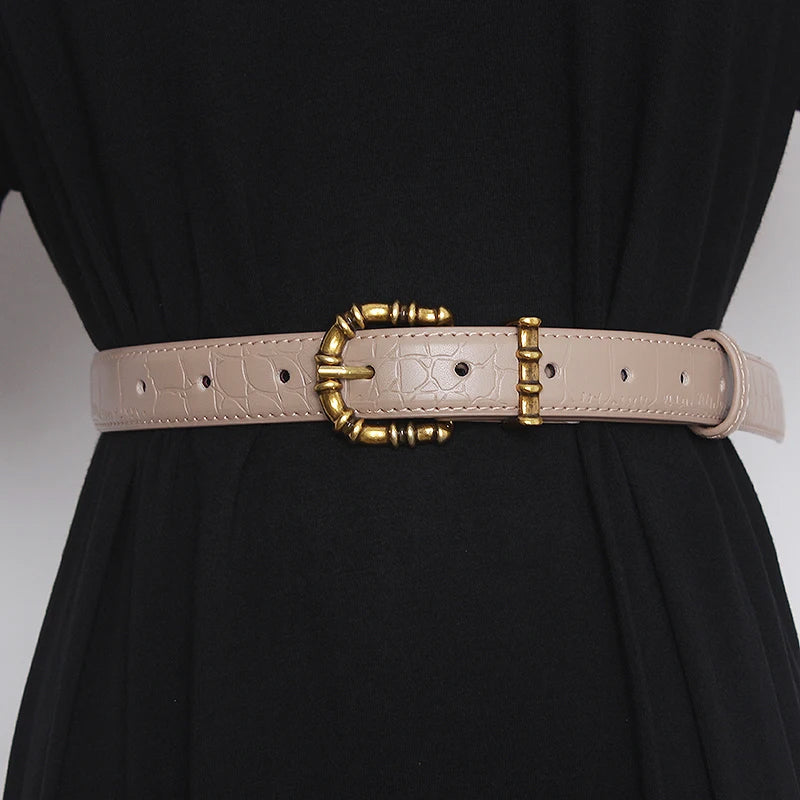 Luxury Croc-Texture Leather Belt with Gold Bamboo Buckle