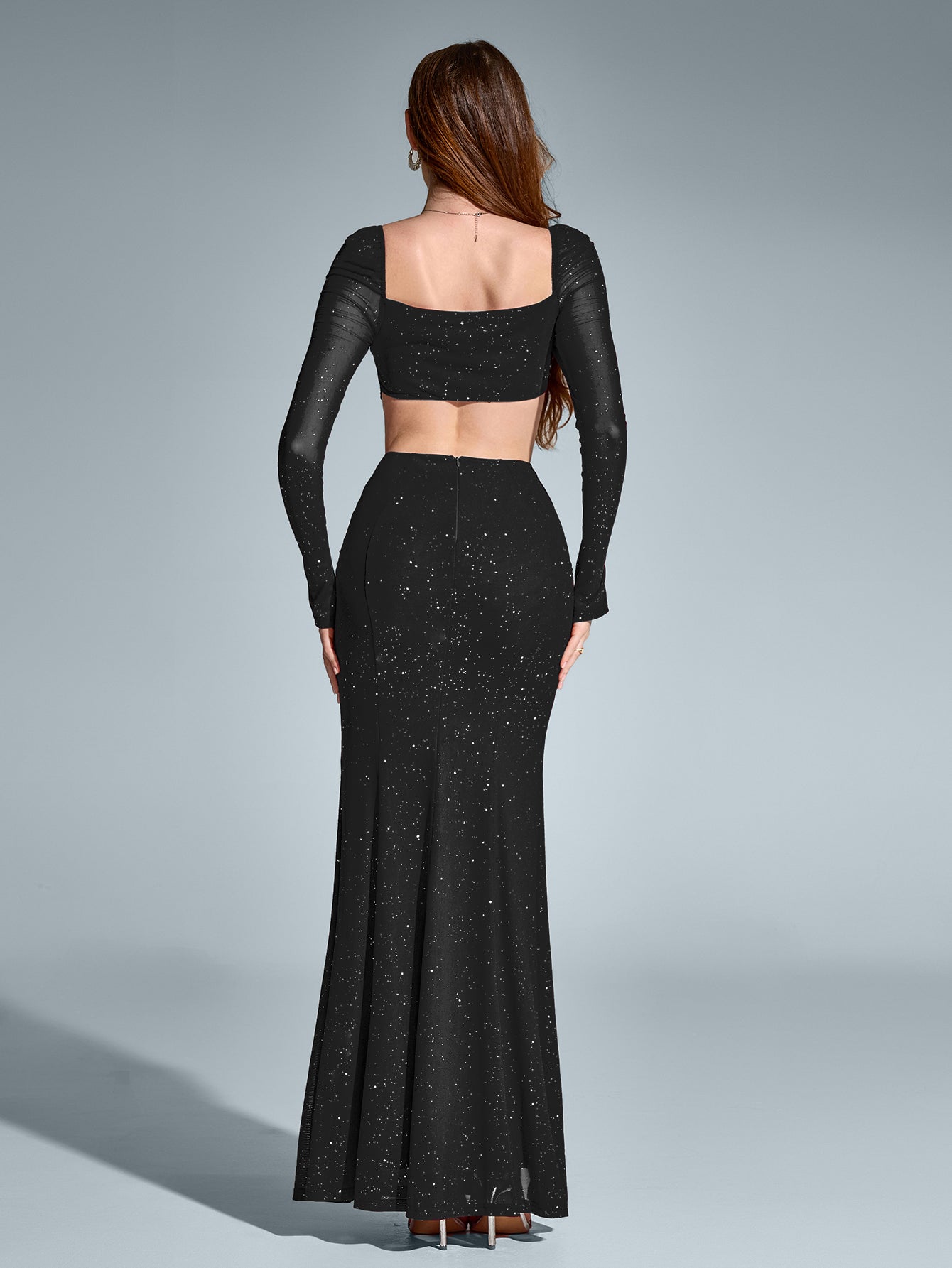 Cut Out Backless Glitter Maxi Dress – Sparkly Slim Fit Party Gown with Mermaid Hem & Split Thigh