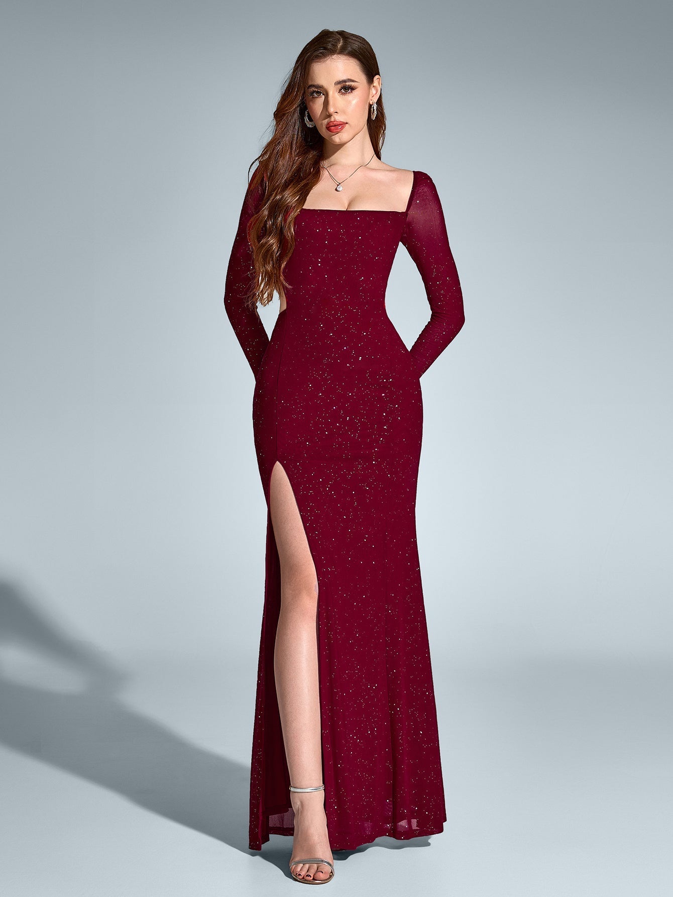 Cut Out Backless Glitter Maxi Dress – Sparkly Slim Fit Party Gown with Mermaid Hem & Split Thigh