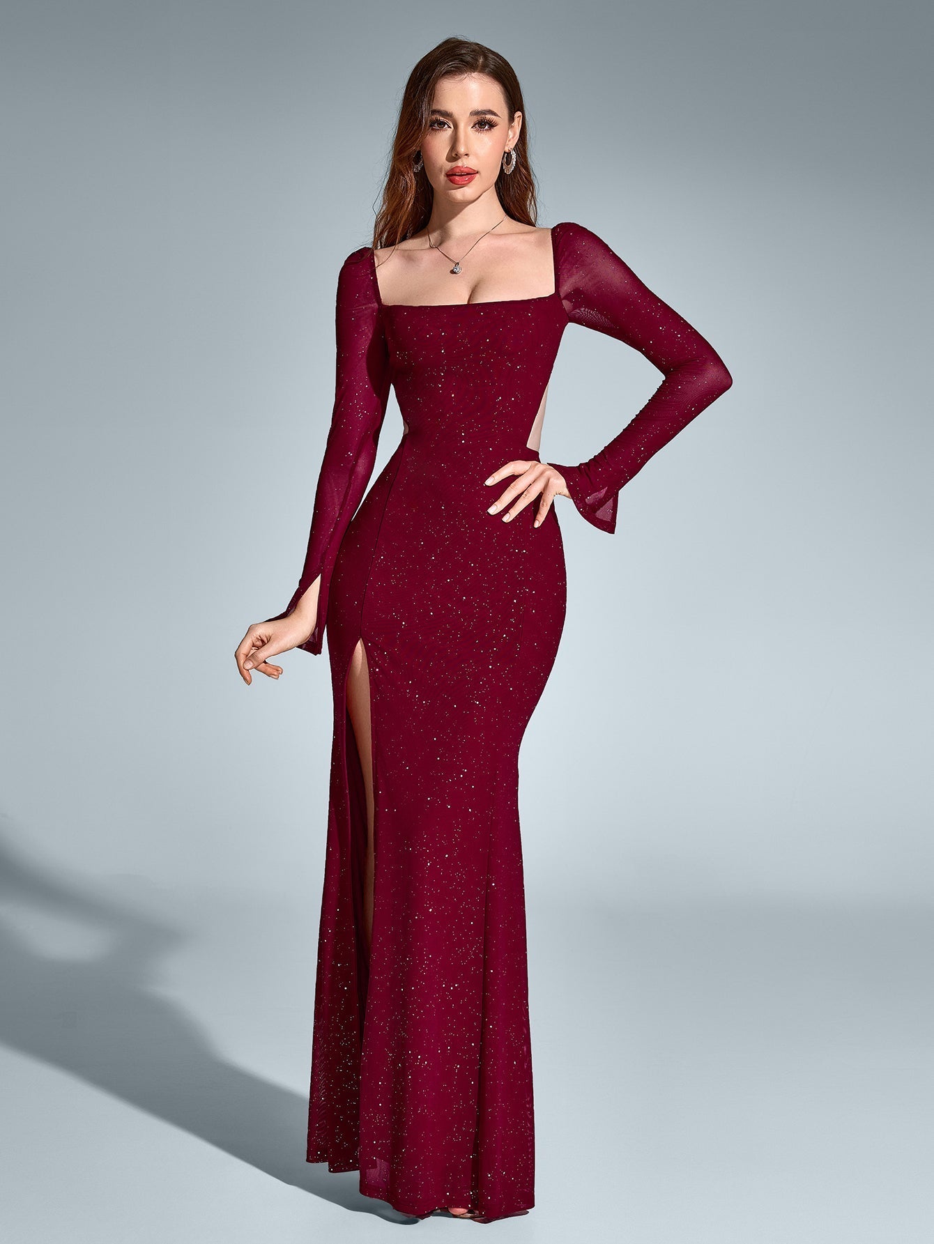 Cut Out Backless Glitter Maxi Dress – Sparkly Slim Fit Party Gown with Mermaid Hem & Split Thigh