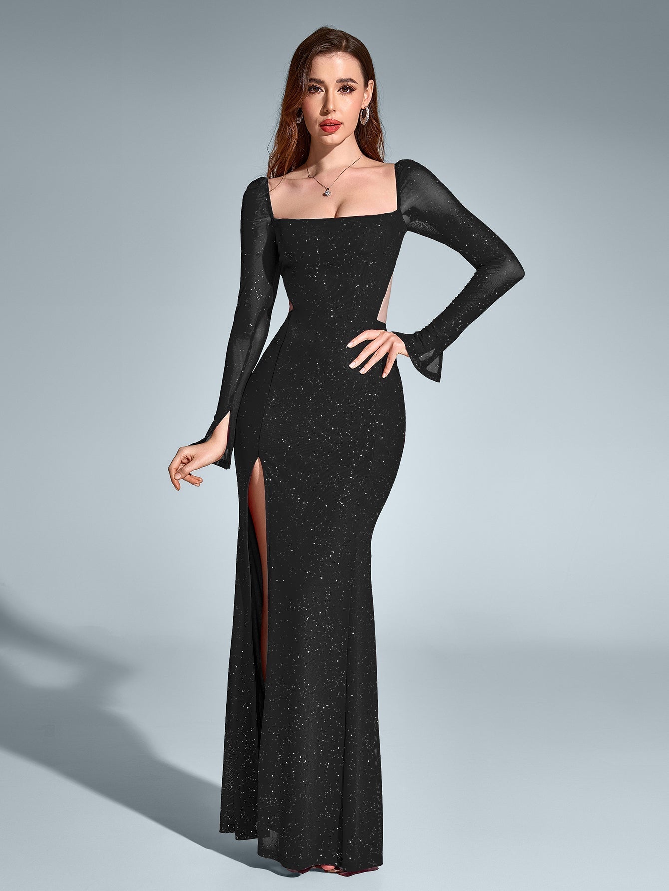 Cut Out Backless Glitter Maxi Dress – Sparkly Slim Fit Party Gown with Mermaid Hem & Split Thigh