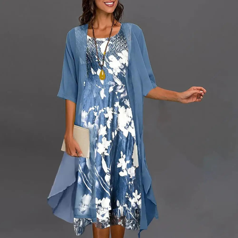 Elegant Floral-Patterned Dress with Three-Quarter Sleeves