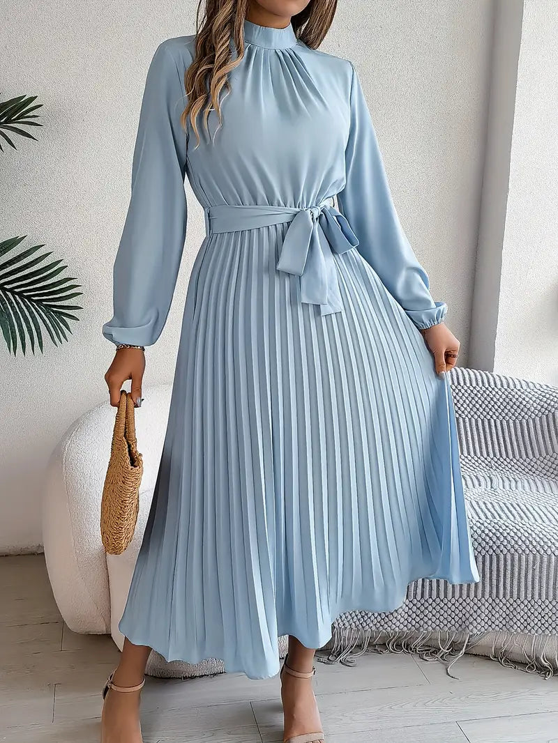 Women’s Pleated Midi Dress – Elegant Long Sleeve Belted Fit