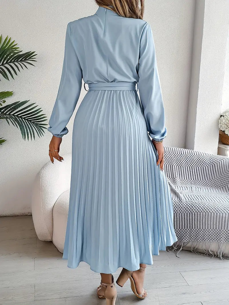 Women’s Pleated Midi Dress – Elegant Long Sleeve Belted Fit