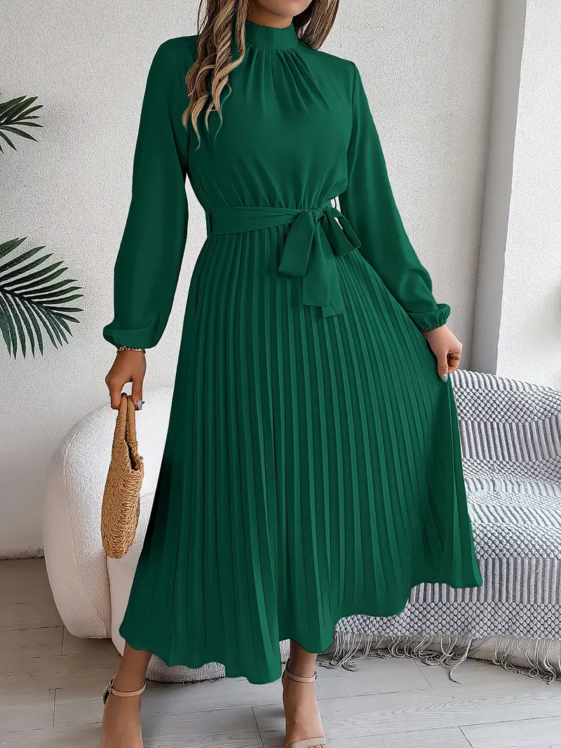 Women’s Pleated Midi Dress – Elegant Long Sleeve Belted Fit