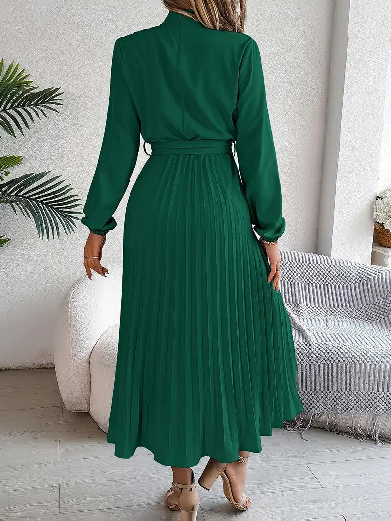 Women’s Pleated Midi Dress – Elegant Long Sleeve Belted Fit