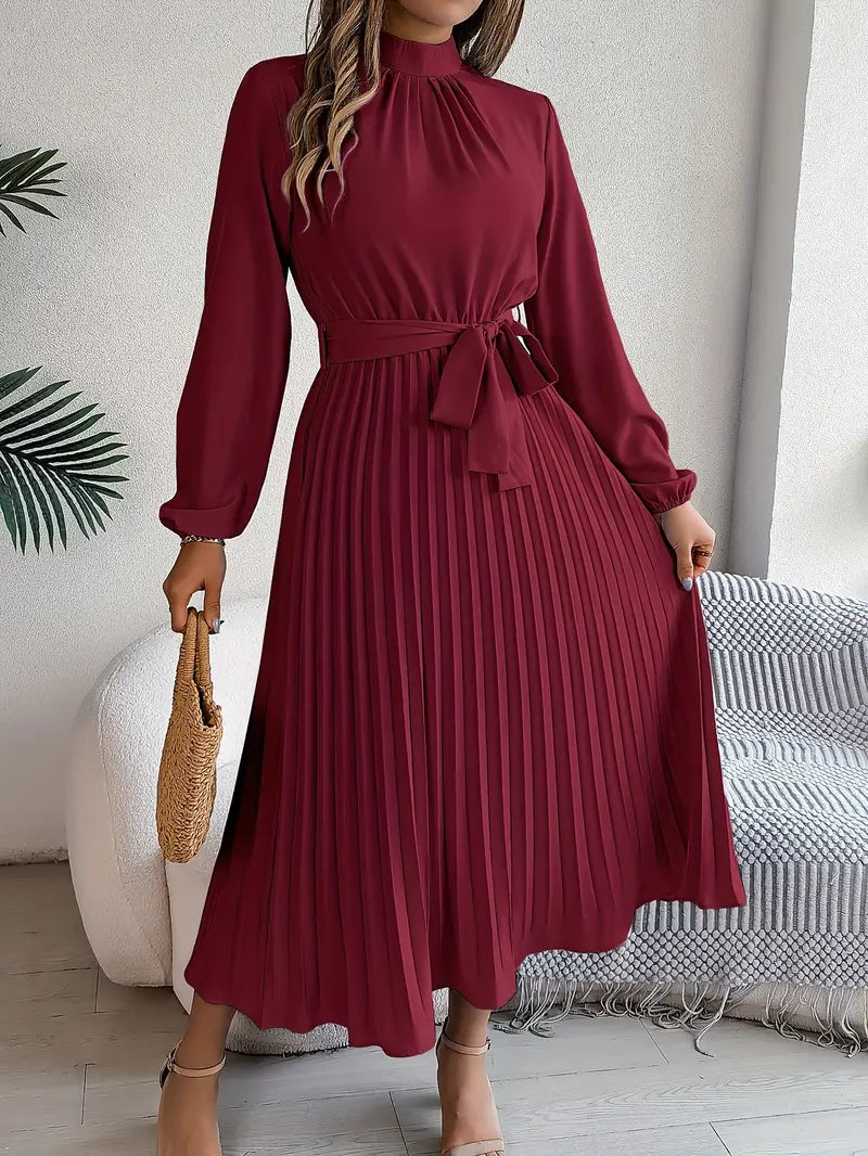 Women’s Pleated Midi Dress – Elegant Long Sleeve Belted Fit