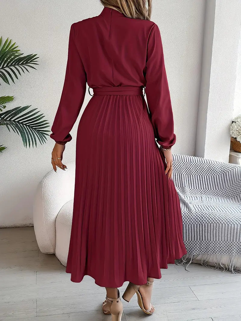 Women’s Pleated Midi Dress – Elegant Long Sleeve Belted Fit