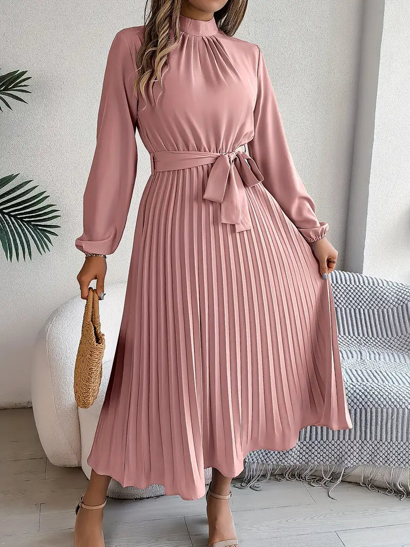 Women’s Pleated Midi Dress – Elegant Long Sleeve Belted Fit