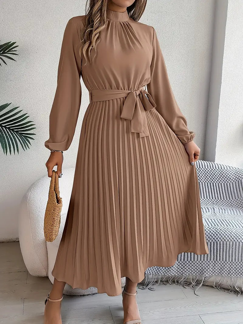 Women’s Pleated Midi Dress – Elegant Long Sleeve Belted Fit