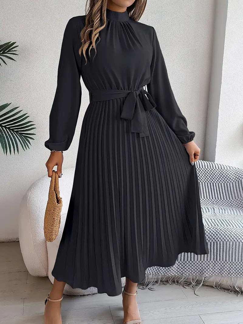 Women’s Pleated Midi Dress – Elegant Long Sleeve Belted Fit