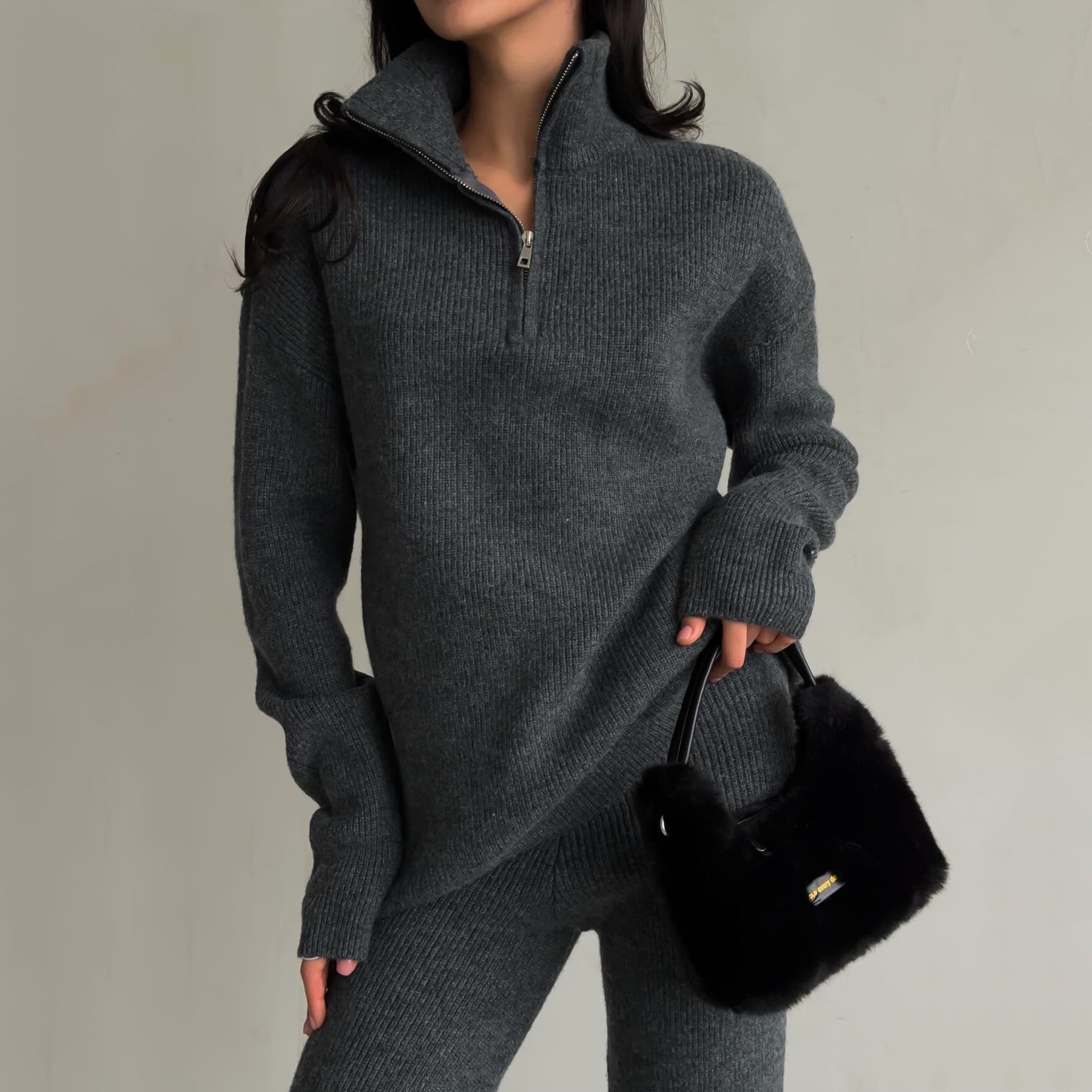 Women’s Ribbed Knit Two-Piece Lounge Set – Cozy Zipper Sweater & Matching Pants