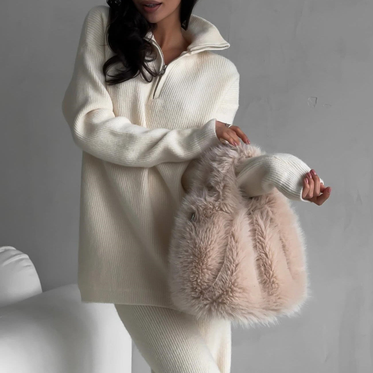 Women’s Ribbed Knit Two-Piece Lounge Set – Cozy Zipper Sweater & Matching Pants