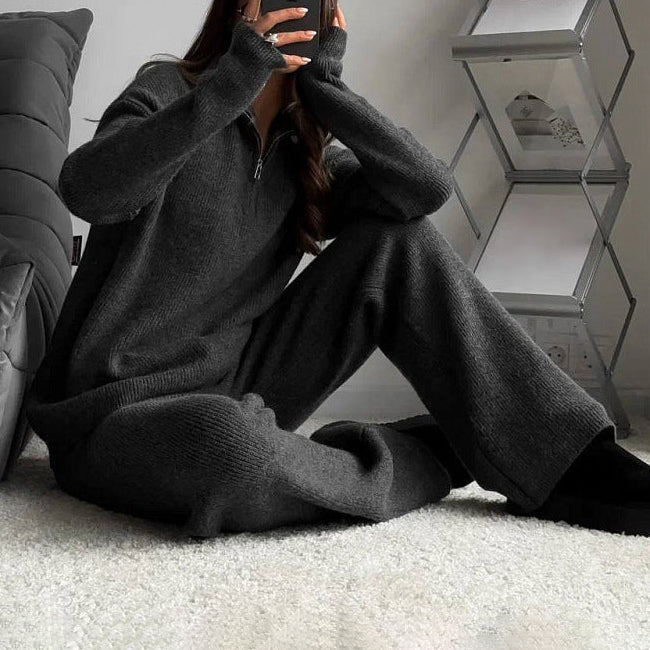 Women’s Ribbed Knit Two-Piece Lounge Set – Cozy Zipper Sweater & Matching Pants