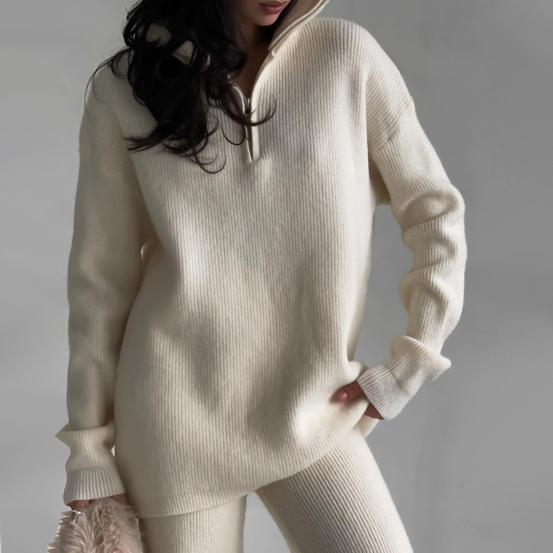 Women’s Ribbed Knit Two-Piece Lounge Set – Cozy Zipper Sweater & Matching Pants