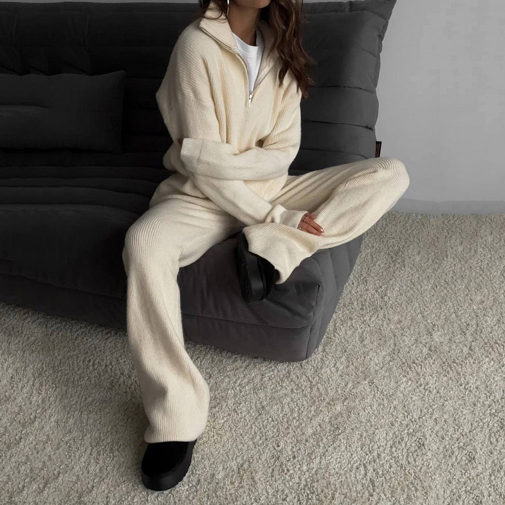 Women’s Ribbed Knit Two-Piece Lounge Set – Cozy Zipper Sweater & Matching Pants