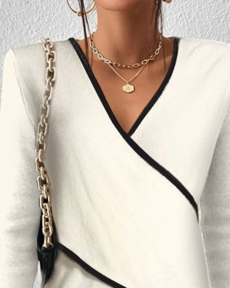 Elegant Wrap Jumper for Women – Flattering Contrast Trim Knit Top
