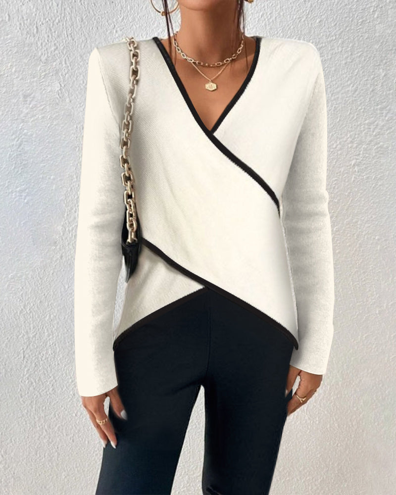 Elegant Wrap Jumper for Women – Flattering Contrast Trim Knit Top