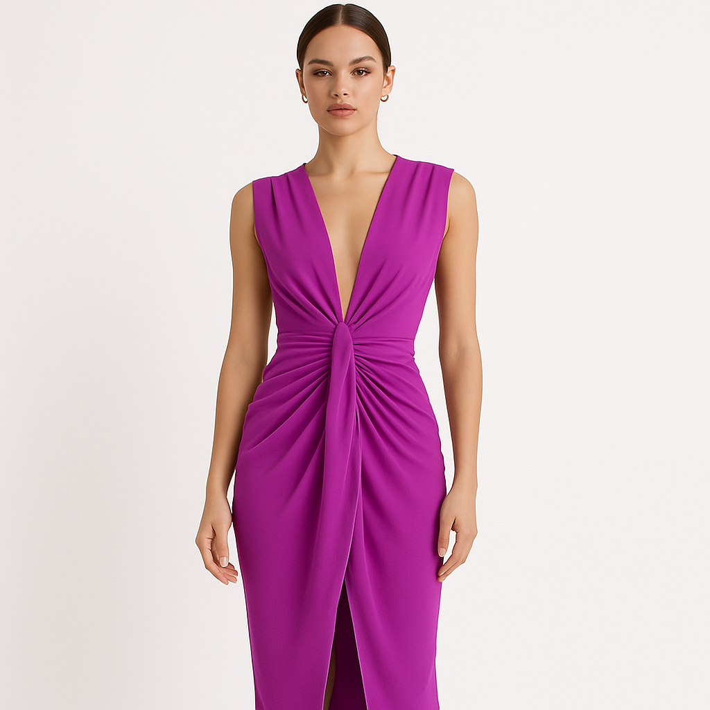 Elegant evening dress | Draped design and deep V-neckline | Chic and sophisticated