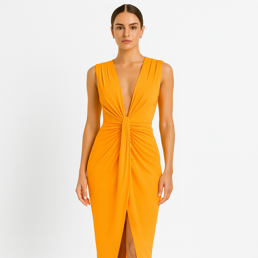 Elegant evening dress | Draped design and deep V-neckline | Chic and sophisticated