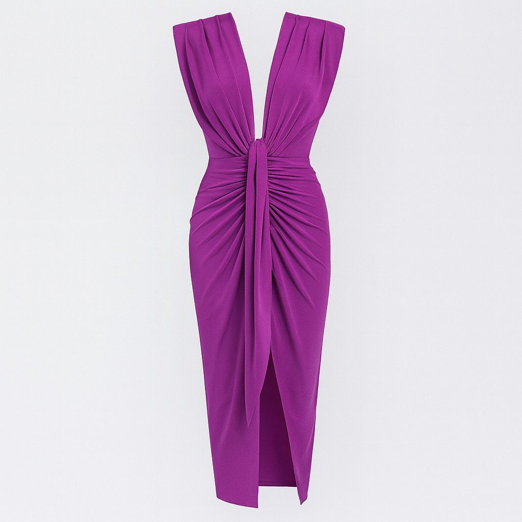 Elegant evening dress | Draped design and deep V-neckline | Chic and sophisticated