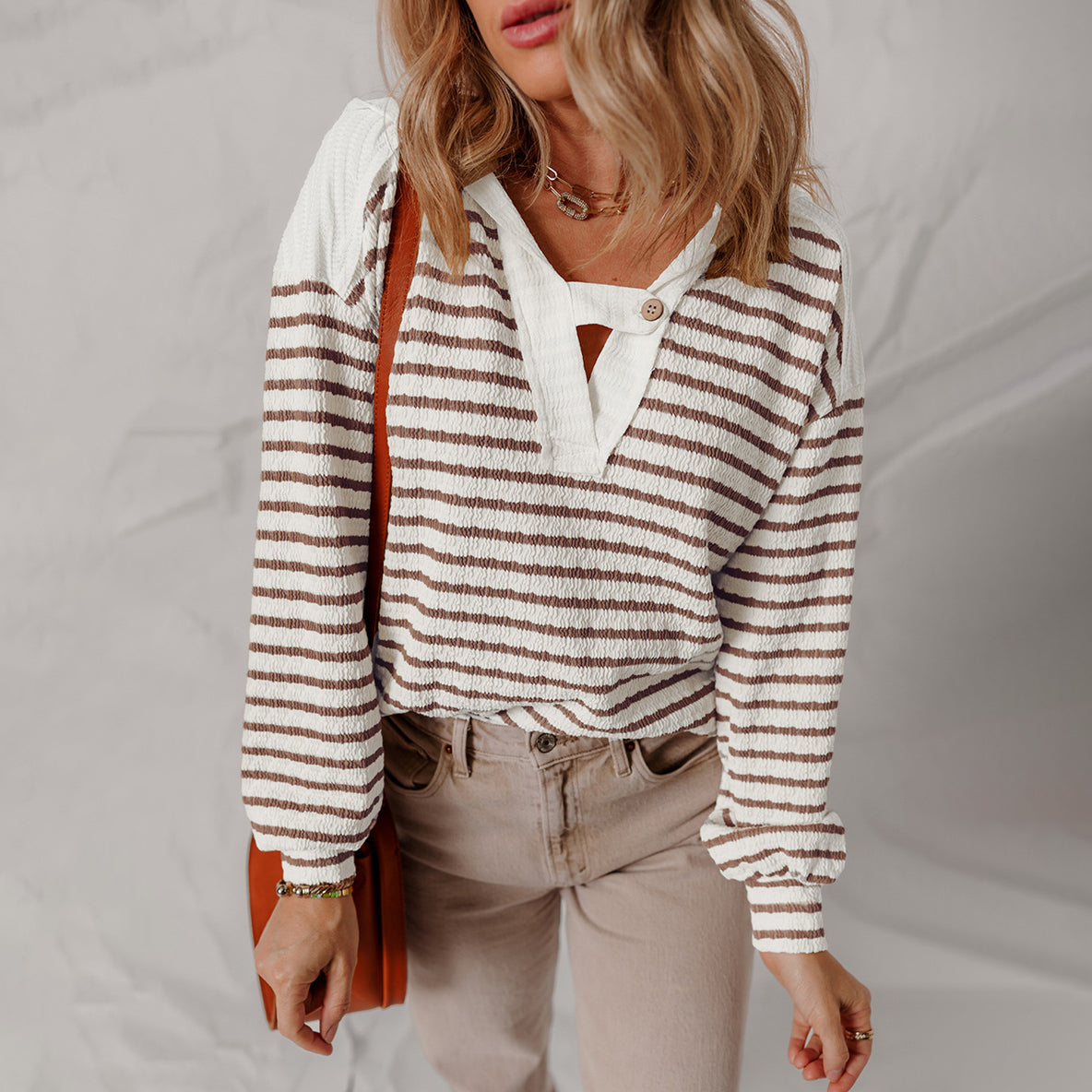 V-Neck Striped Knit Sweater for Women – Textured Polyester Blend Jumper with Button Detail for Everyday Wear