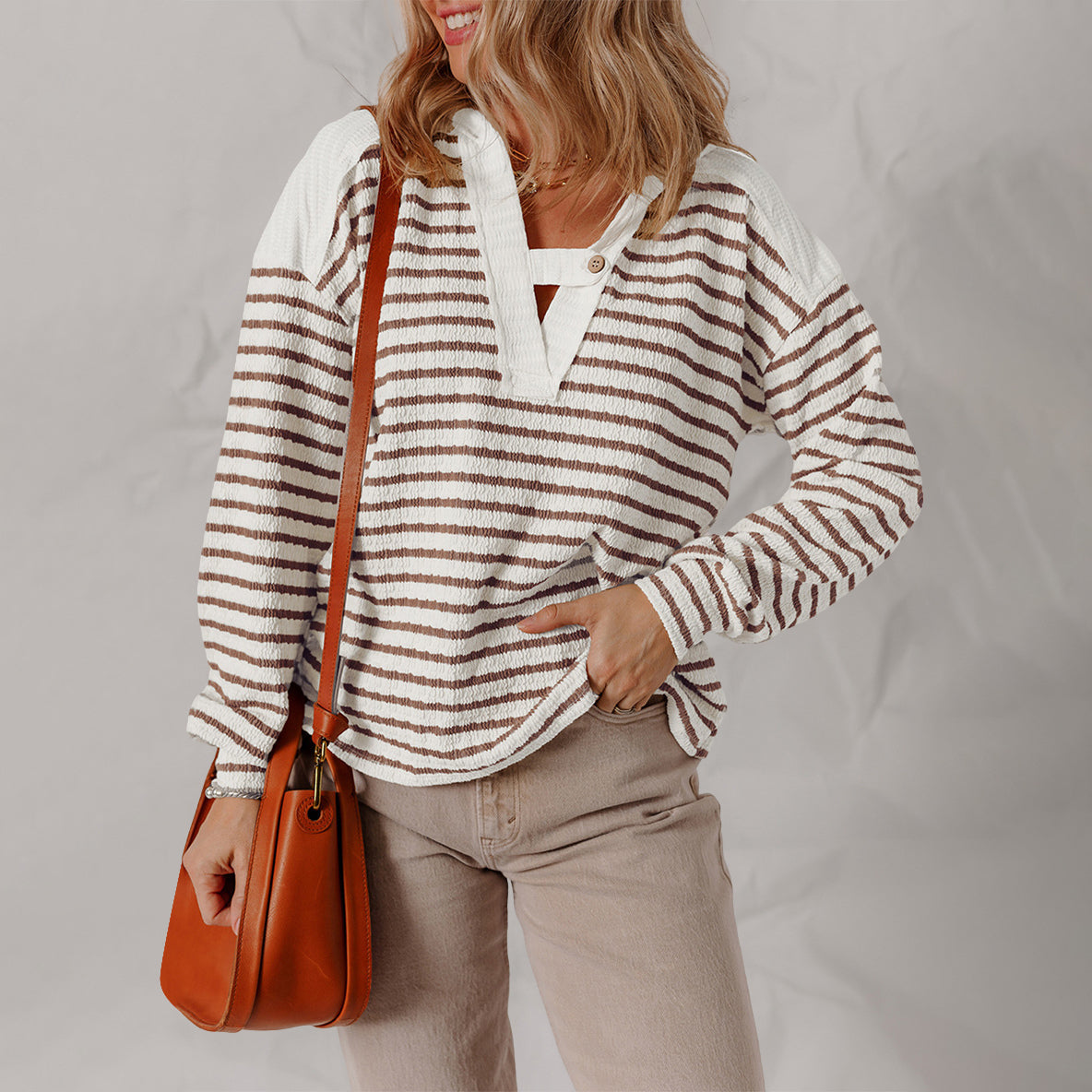 V-Neck Striped Knit Sweater for Women – Textured Polyester Blend Jumper with Button Detail for Everyday Wear