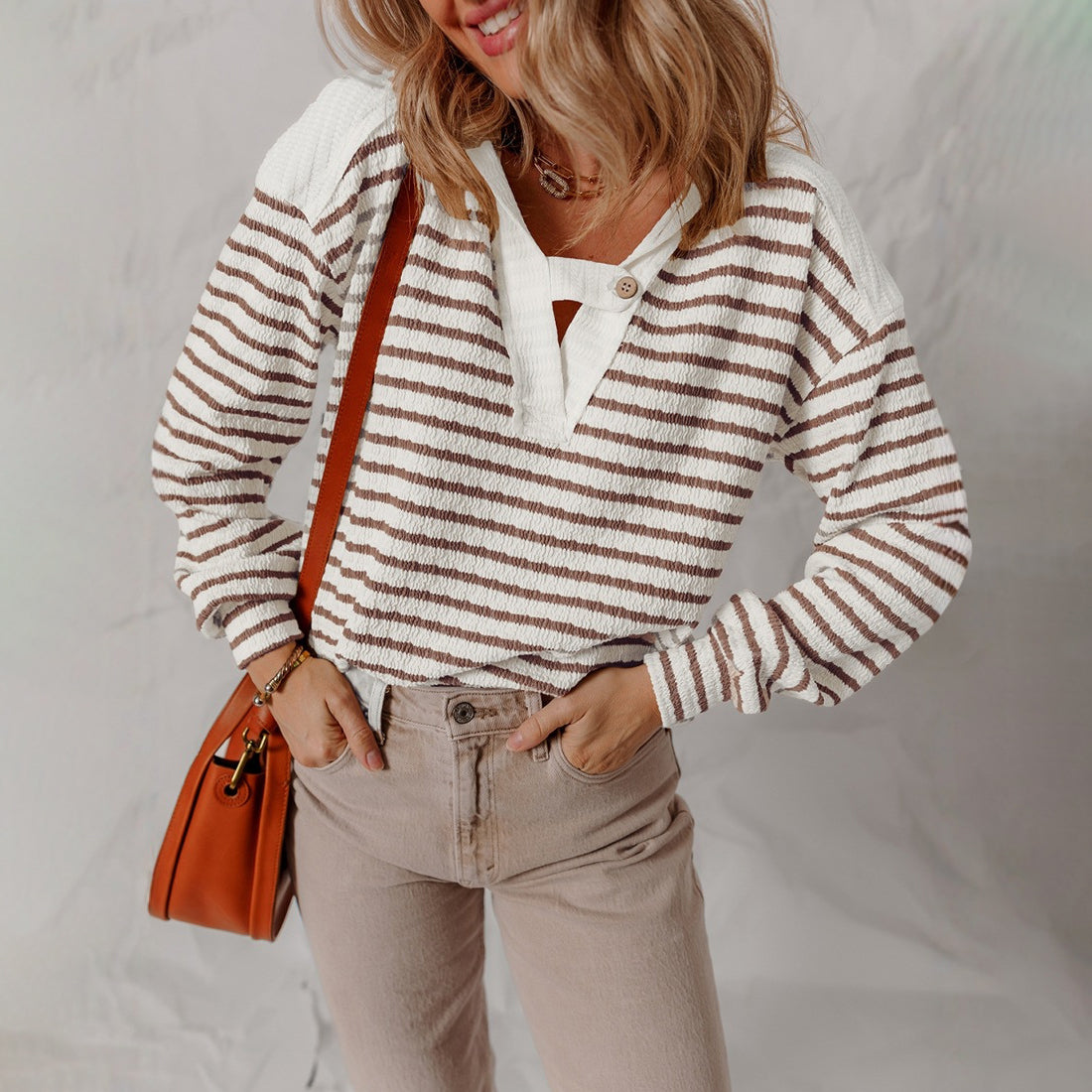 V-Neck Striped Knit Sweater for Women – Textured Polyester Blend Jumper with Button Detail for Everyday Wear
