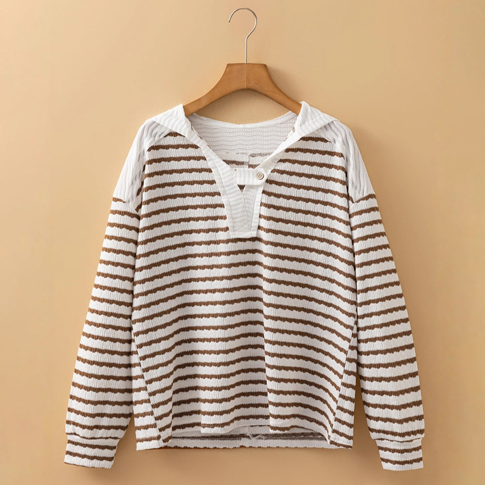 V-Neck Striped Knit Sweater for Women – Textured Polyester Blend Jumper with Button Detail for Everyday Wear