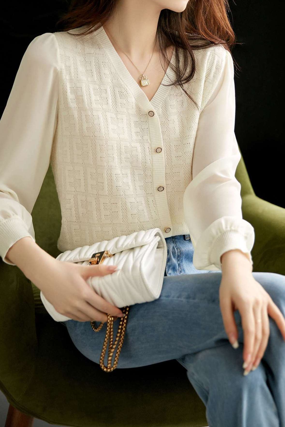Women’s V-Neck Knit Top – Lightweight Polyester Cambric Jumper with Button Detail