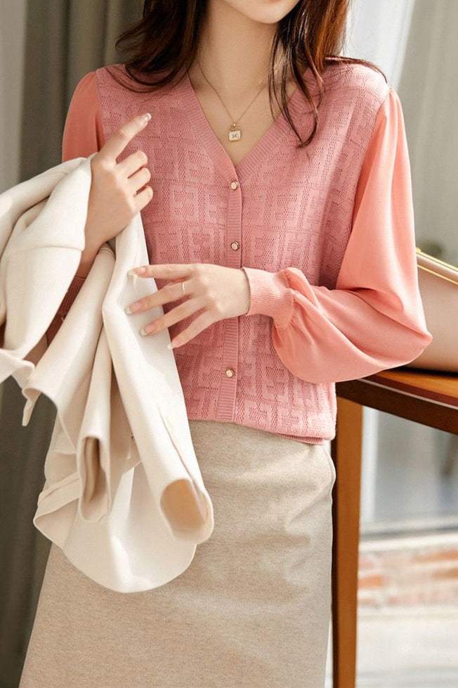 Women’s V-Neck Knit Top – Lightweight Polyester Cambric Jumper with Button Detail