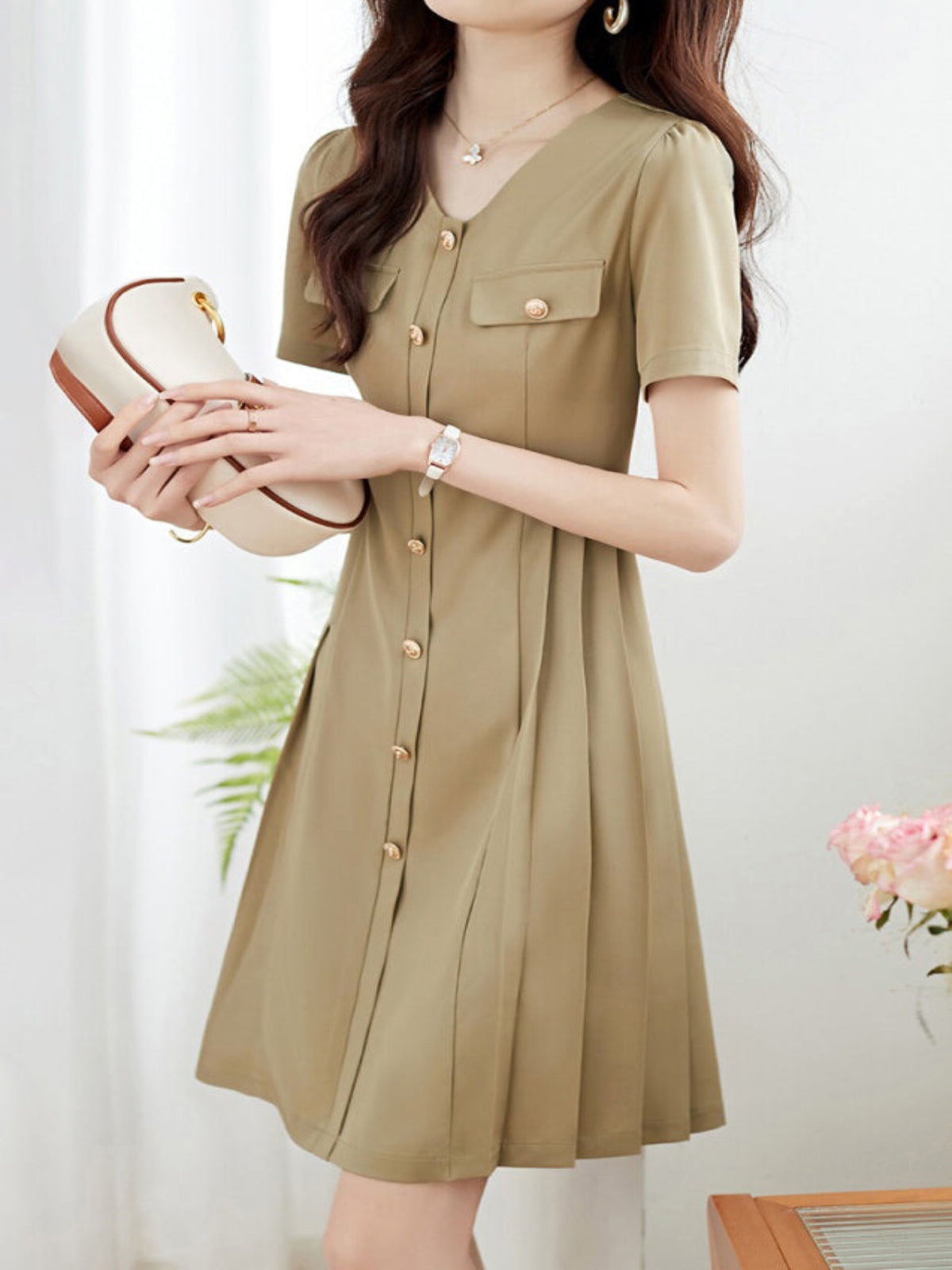 Women’s Asymmetrical Pleated Mini Dress – V Neck Smart Casual Dress